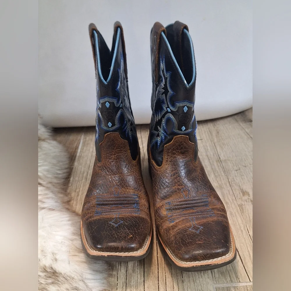 Ariat Tombstone Boys Western Boots Brown Blue Square Toe Size 4 Leather 4LR
